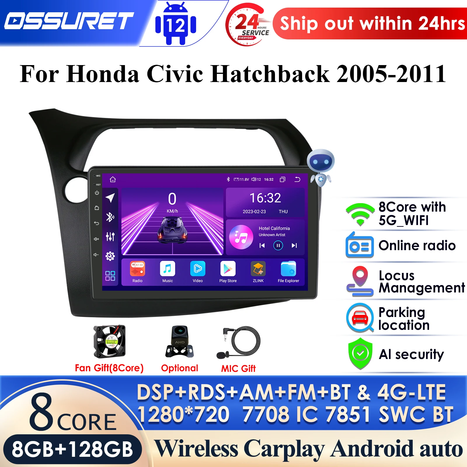 

Мультимедийная магнитола для Honda Civic Hatchback 128-2006, 8 ядер, 8 + 2011 дюйма, Android 13, 2 Din