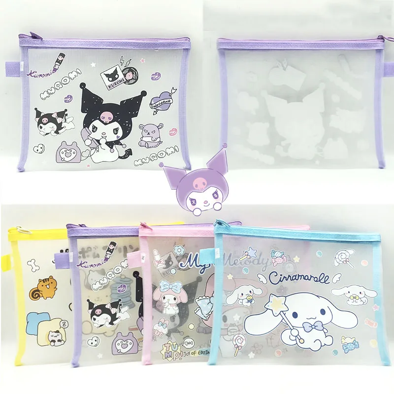 

Kawaii Sanrioed A5 Mesh Zipper Pouch Melody Kuromi Cinnamoroll Pom Pom Purin Document Bag Stationery Organizer School Supplies