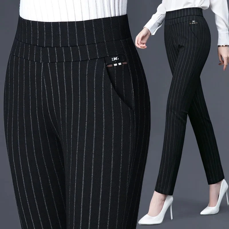 Pantalones Casuales Rectos Color Negro para Mujer, Primavera Otoño, Cintura Elástica, Pantalones Negros 5XL1833|Pantalones y pantalones capri| - AliExpress