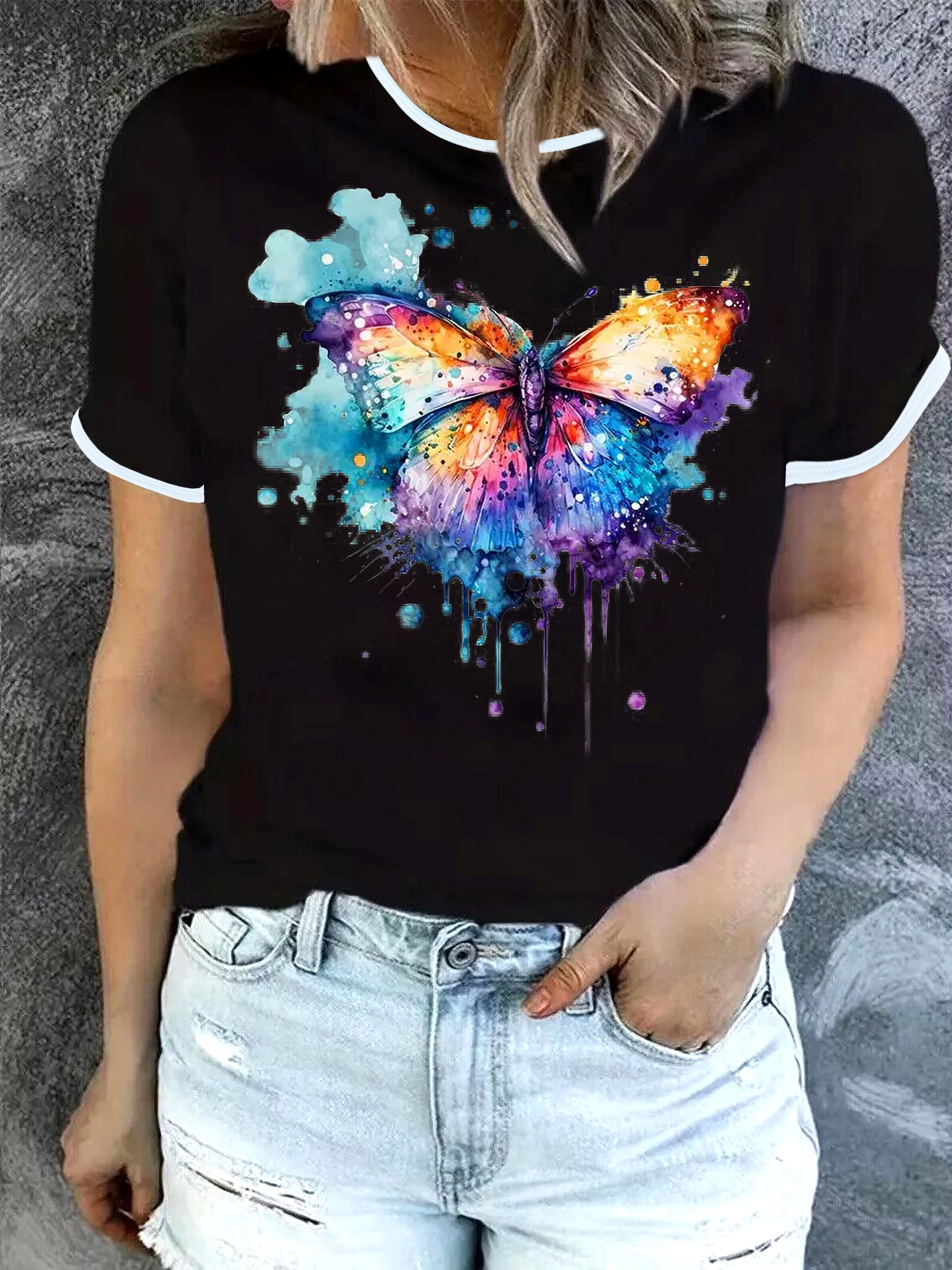 

Letter and Cartoon Print Spring and Summer Casual Short Sleeve Crewneck t-shirt, Women's Wear