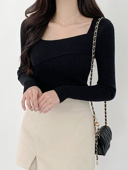 سترات نسائية برقبة على شكل V غير منتظمة ، بلوفر ضيق ، سترة نسائية ، بلوفر ، توبات غير رسمية ، أحادية اللون ، خريف ، شتاء ، موضة 6