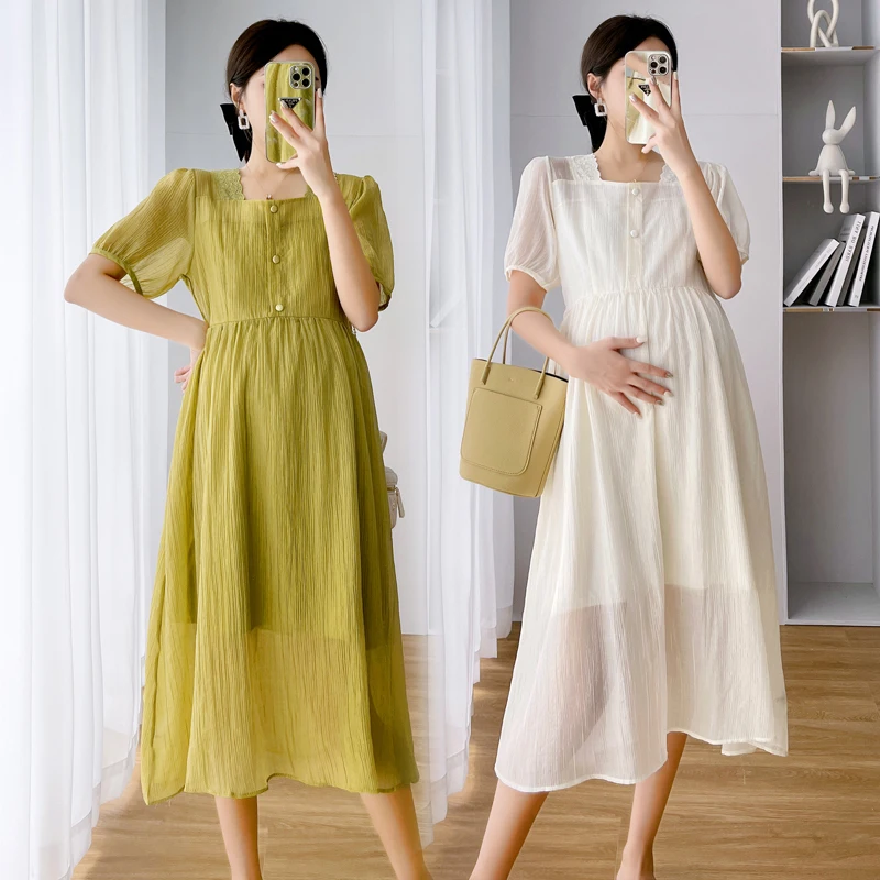 

Fashion Pregnant Women Loose Summer Dress Solid Color Square Collar Maternity Empire Chiffon Dress with Lining Pregnancy Clothes