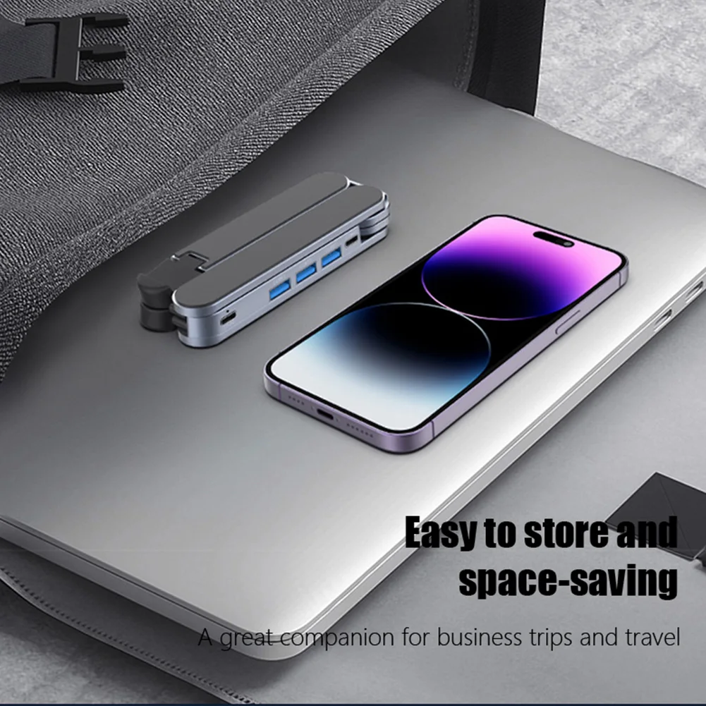 알루미늄 합금 노트북 홀더 스탠드(허브 포함) USB 3.0 유형 C 조정 가능한 접이식 휴대용 냉각 노트북 Mac용 미끄럼 방지 스탠드
