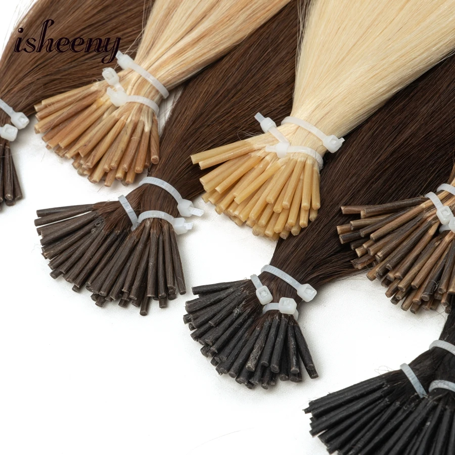isheeny 12-20 inches Micro Ring I Tip Hair Extensions Real Natural Straight Hman Hair Pre Bonded Stick Tip 50pcs/pack