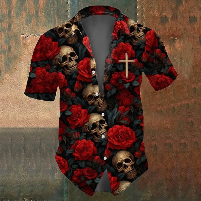 Casual Short Sleeved Shirt Short Sleeved Shirt Summer Men's Skull Shirts Casual Short Sleeve