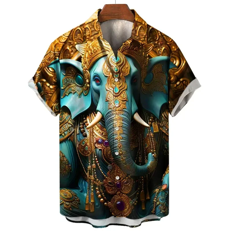 thumbnail image 1 of Camisa hawaiana con estampado de elefante en 3D, ropa de verano, manga corta, informal, con solapa y botones, para playa, ropa de calle para hombre, 1 of 5