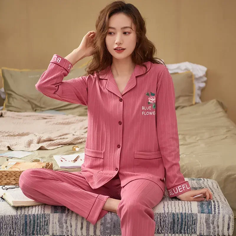 중년 여성 순면 긴팔 가디건 파자마 세트, 겨울 겉옷, 가정복
