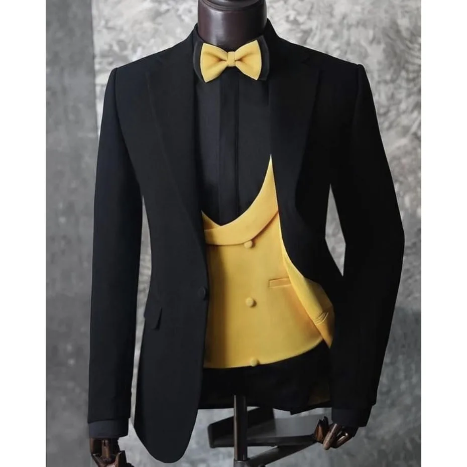 

Black Blazer Terno Men's Suits Single Breasted Notch Lapel Three Piece Jacket Pants Yellow Vest Slim Fit Wedding Costume Hombre