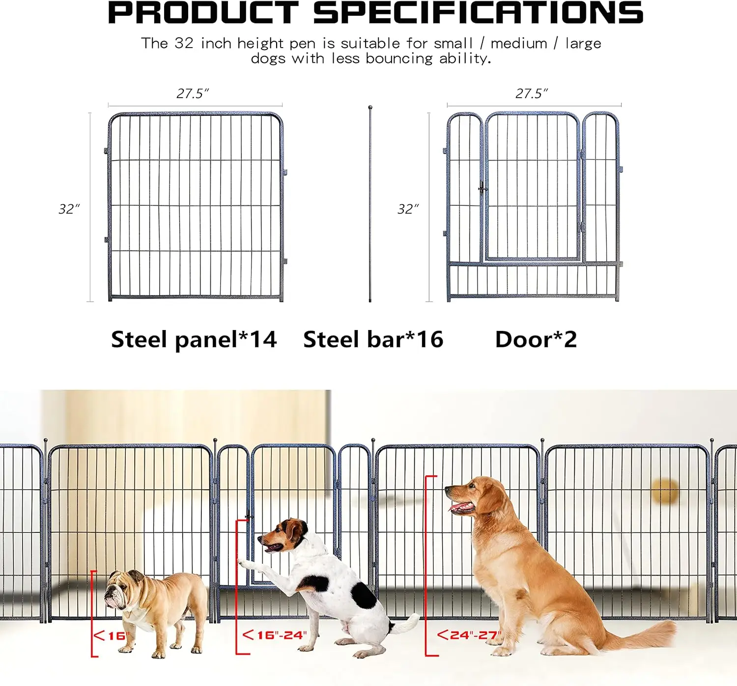 Dog Playpen,32/40/45 Inch Height in Heavy Duty, Folding Indoor Outdoor Anti-Rust Dog Exercise Fence, Portable Pet Playpen with D