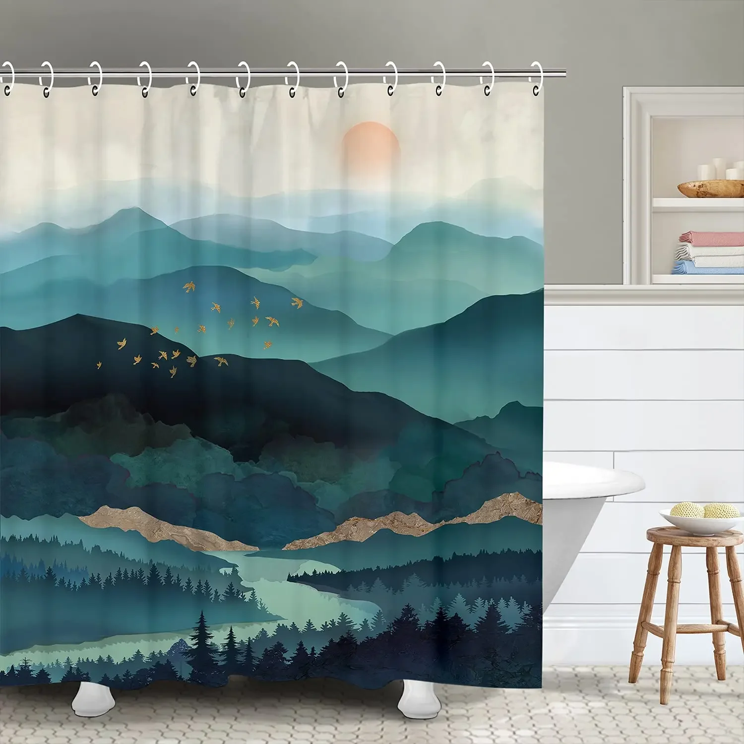 

Mountain Shower Curtain,Teal Bathroom Shower Curtain, Cool Nature Watercolor Misty Forest Sun Sunset Landscape Shower Curtains