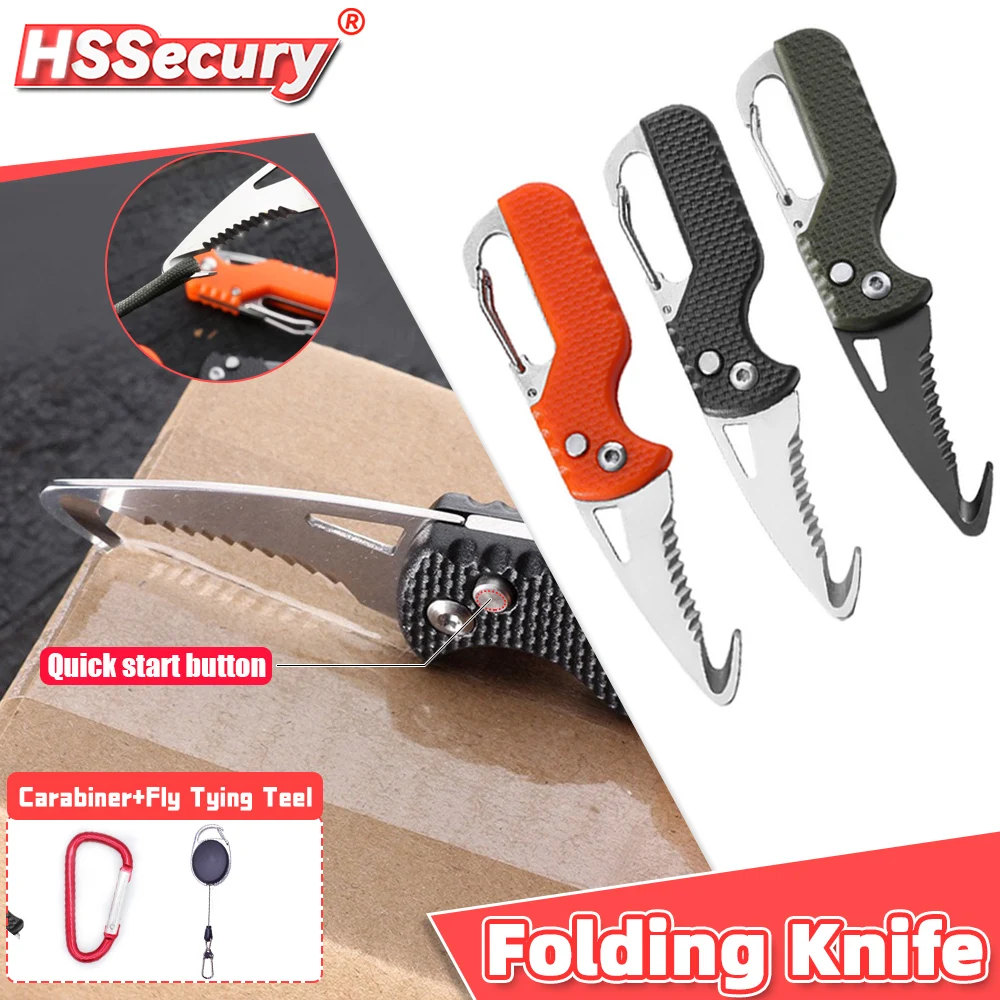 Folding Cutter Portable Express Parcel Knife Stainless Serrated Hook Knife for Outdoor Camping Carry-on Unpacking Keychain