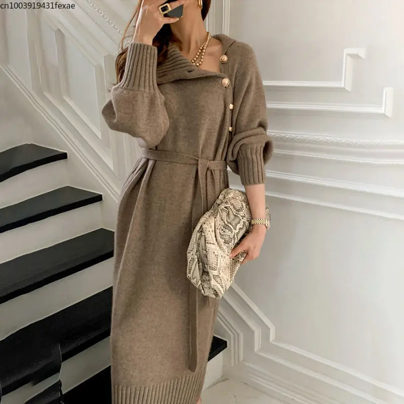 

Winter Slim Waist Turtleneck Knitted Dress Women Vintage Long Sleeve Party Knitwear Dresses Fashion Casual Sweater Base Dress