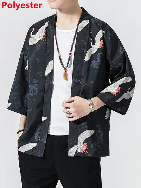 Crane Embroidery Haori Kimono Harajuku Japanese Style Plus Size Men Samurai Costume Yukata Asian Clothes Cardigan Women Jacket 711 navy