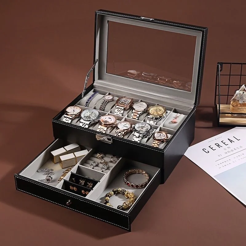 12-Slot PU Leather Lockable Watch Storage Box with Two-Tier Organizer, Secure Jewelry D... - SKU LWSB1516 - UGI Packaging