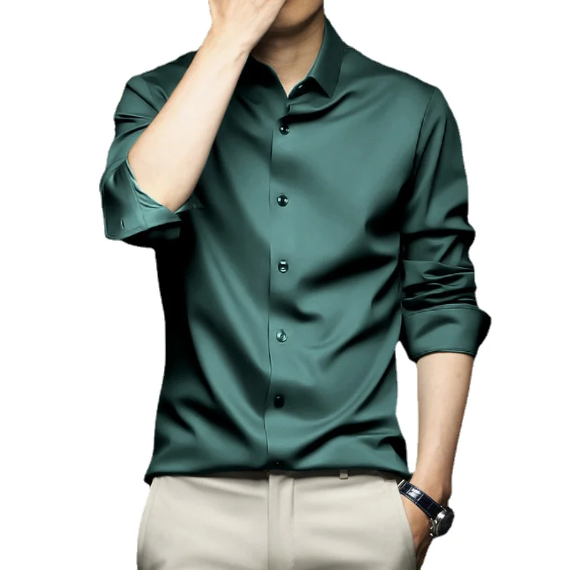 Dress Shirts Men Long Sleeve Slim Fit Luxury Smooth Soft Anti-wrinkle Non-ironing Solid Color Ice Silk Shirts 6XL