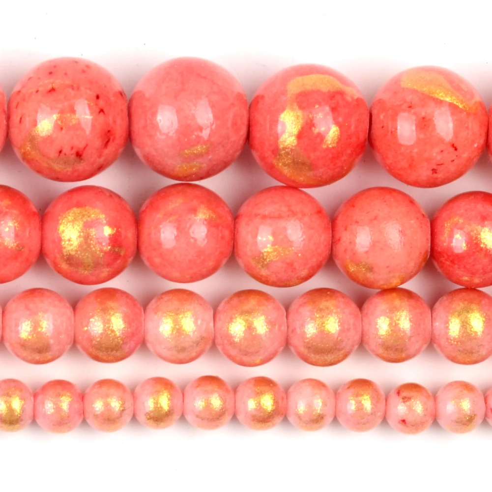 White Red Gold Plated Jade Round Natural Stone Beads for Jewelry Making and DIY Accessories