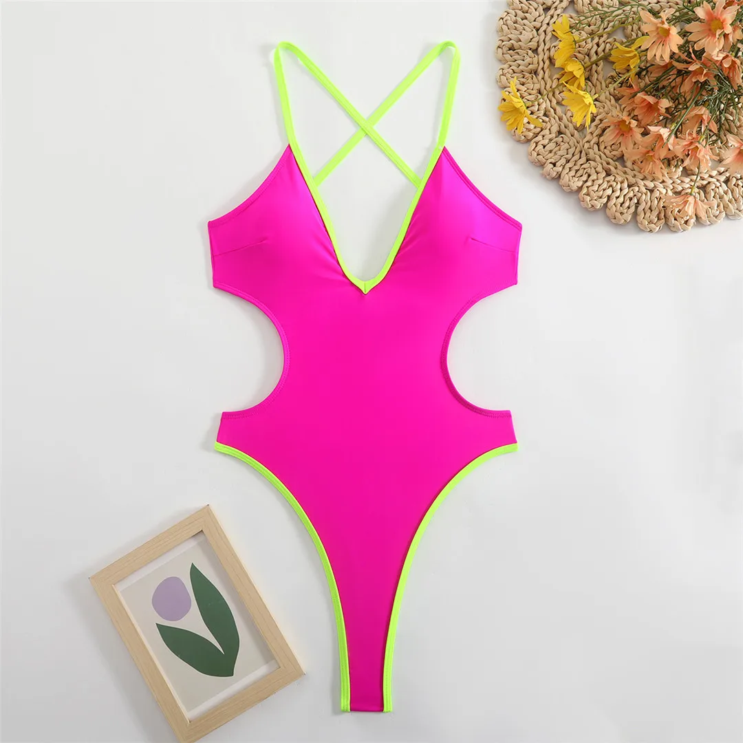 V Neck Splicing Extreme String Mini Micro Thong One Piece Swimsuit Women Swimwear Female Bather Bathing Suit Swim V7085
