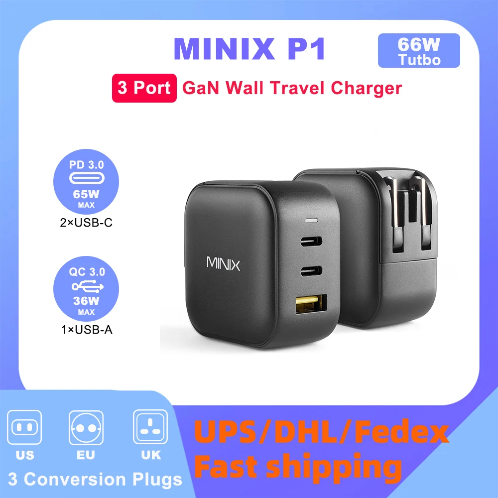 

USB-зарядное устройство MINIX P1 66 Вт, быстрое зарядное устройство GaN, штепсельная вилка Европейского/американского/британского/австралийского стандарта, оригинальный адаптер для Macbook телефонов