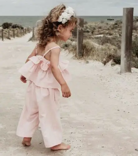 US Stock Summer Toddler Baby Girl Ruffle Sling Crop Tops Wide Leg Long Pants Headband Sweet Kids 3PCS Outfits Cotton Set 1-6Y