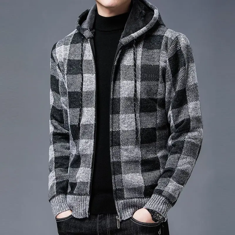 2023 Autumn Winter New Plaid Printing Fashion Hooded Long Sleeve Sweater Cardigan Man Casual Loose Zipper All-match Y2K Coat