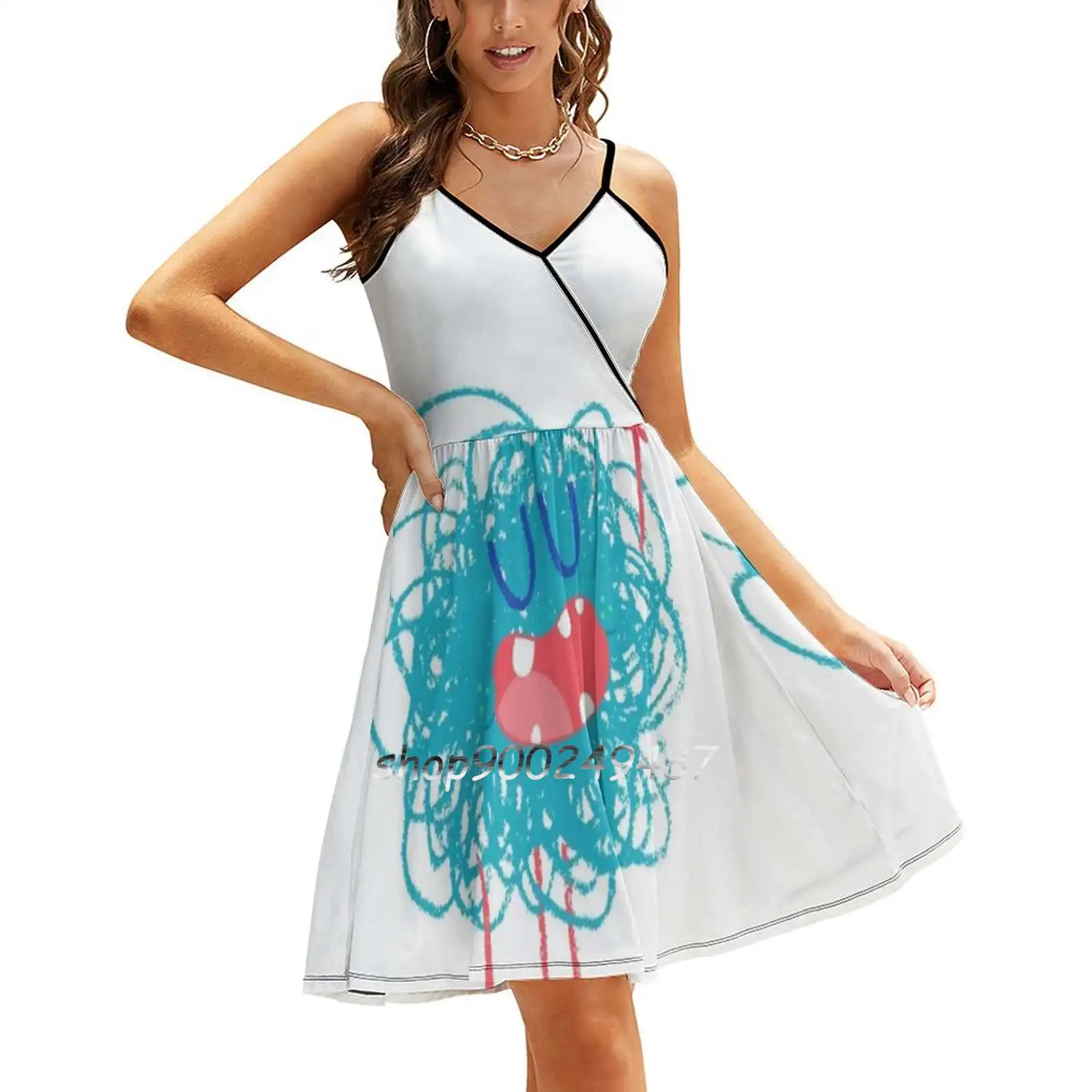 Gribouilli Sling Dress Women Summer Printing Condole Belt Dresses Monster Sketch Blue Hello Bonjour Hi Happy Smile