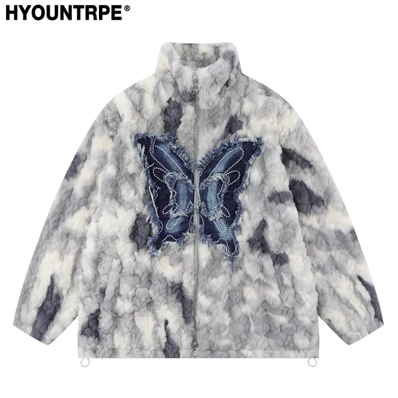 

Мужские флисовые куртки в стиле хип-хоп, куртка в стиле пэчворк с воротником-стойкой и бабочкой, парка на молнии, теплая пушистая куртка, верхняя одежда, хипстерская одежда