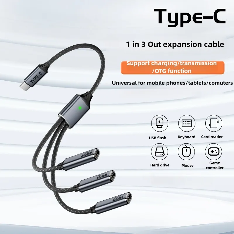 3-Port USB Hub Splitter Cable with USB-A and Type-C Adapter for Charging & Data Transfer