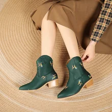 

Ethnic Embroidery Printed Ankle Boots Ladies Short Pointed Thick Heel Cowboy Boot Chinese Style Winter Green Party Chelsea Botas