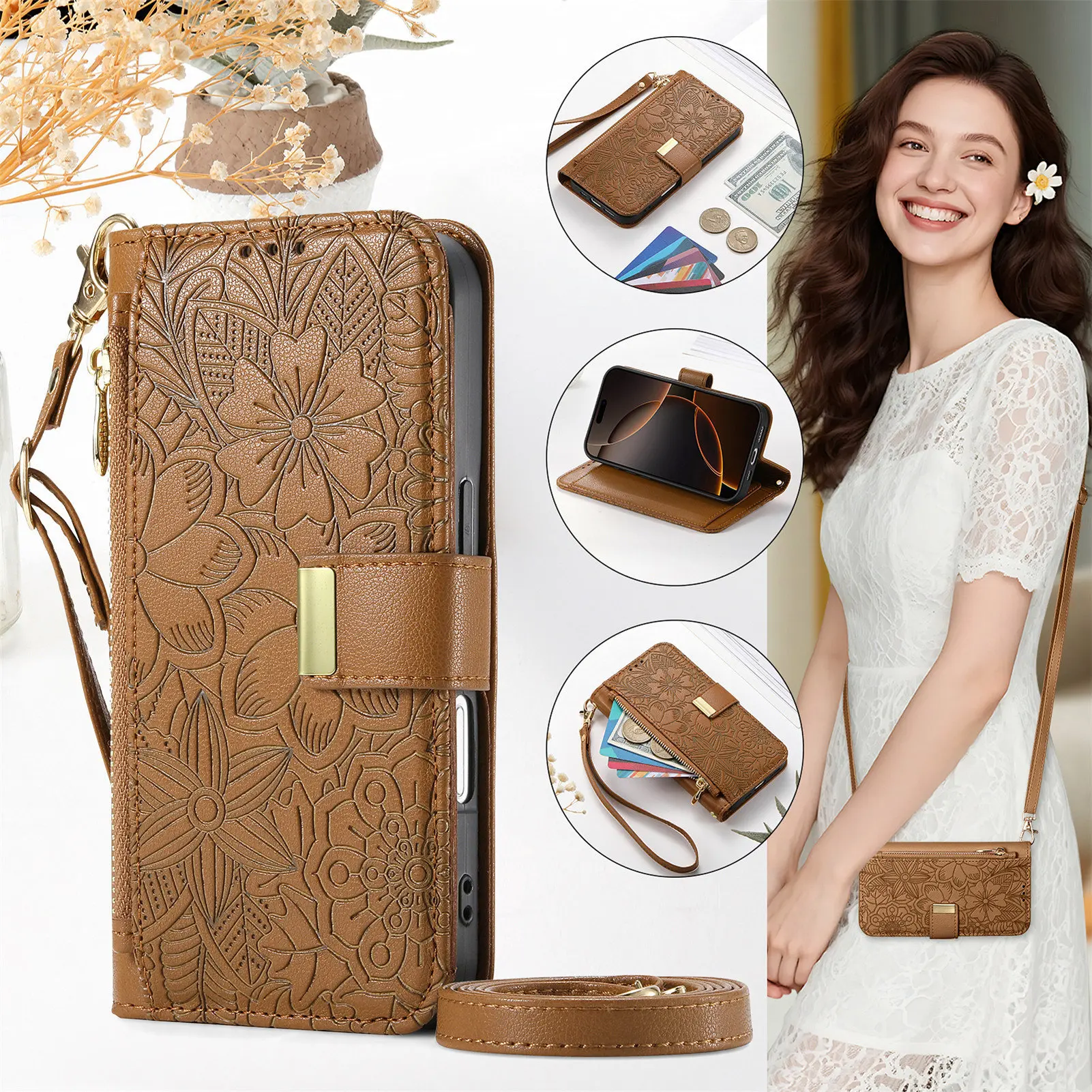 Petal Flower Leather Flip Cover Crossbody Zipper Wallet Case - Multi 6 Cards Capacity