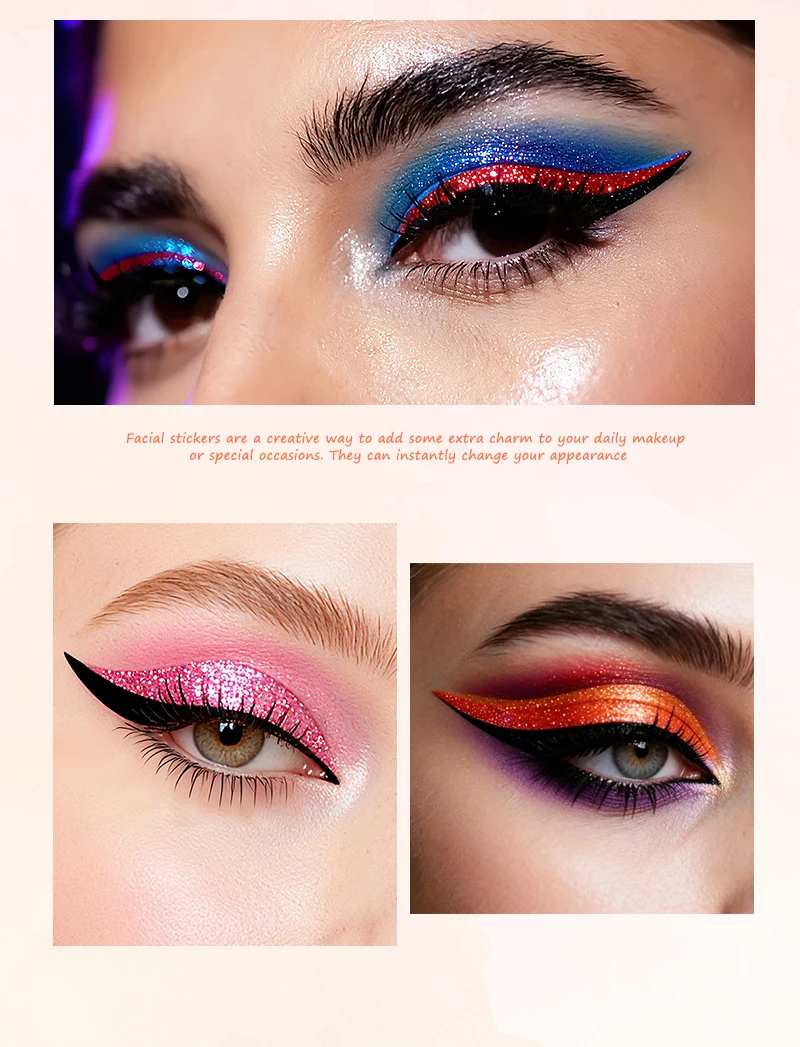 adesivi eyeliner glitter rosa arancio blu applicati su occhi per party e video social