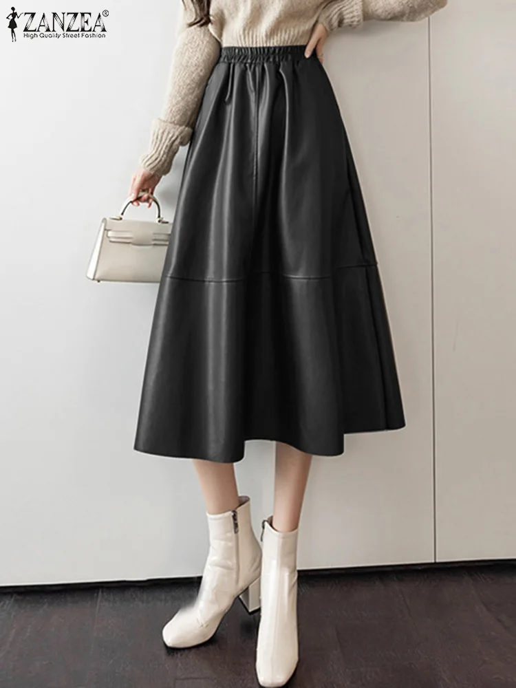 

Fashion High Waist A-line PU Leather Skirt ZANZEA Women Autumn Midi Skirts Elegant Casual Party Holiday Faldas Saia Streetwear