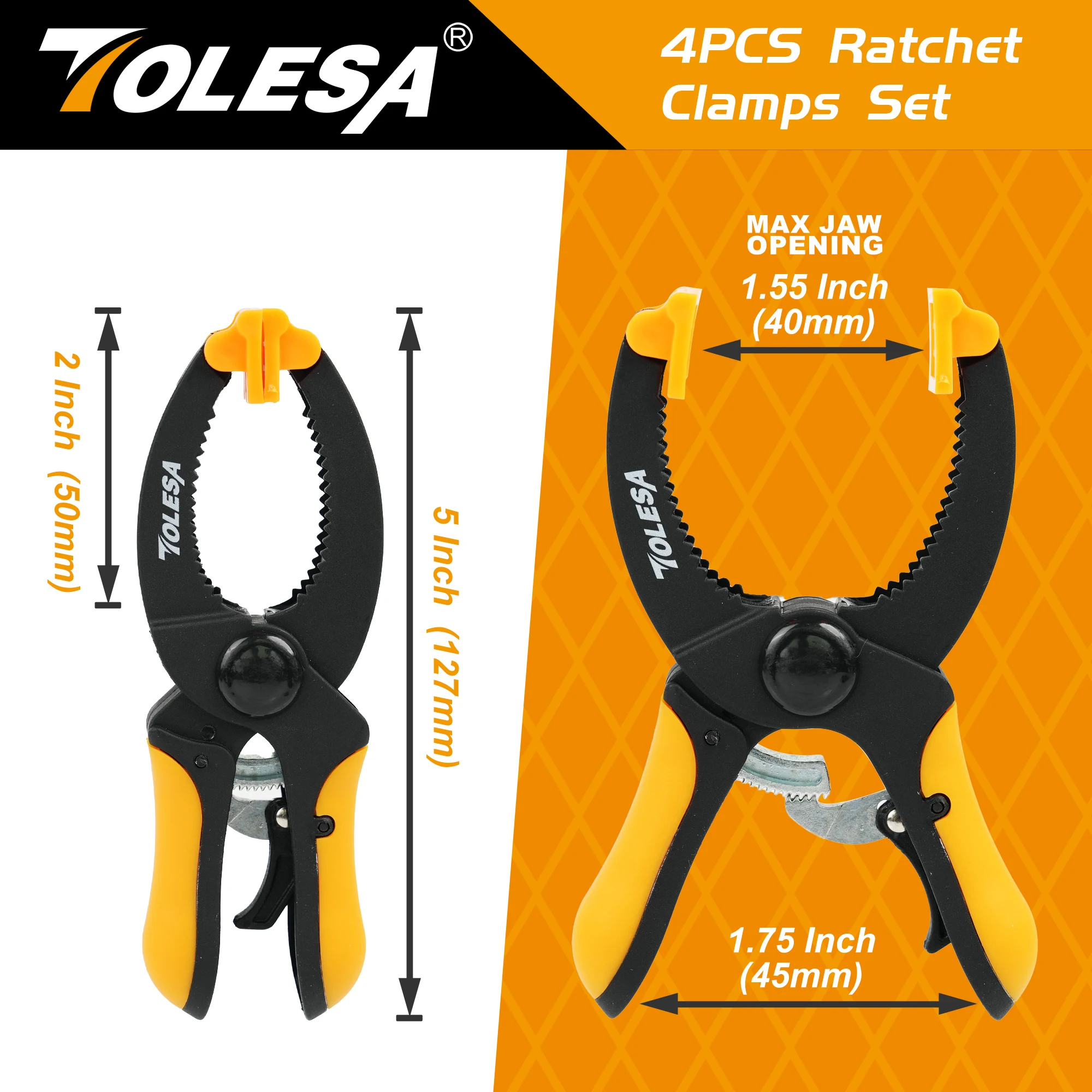 Woodworking Clamps TOLESA 2/4PCS 5" Ratcheting Hand Clamps Set 1.55" Jaw Opening with Powerful Clamping Force Trigger Clamps for Gluing Securing