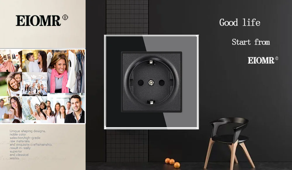 Description Picture 2 of itemEU French DIY Black Crystal Glass Panel 1 2 Gang Wall Switch USB Type C Data Cat6 TV Dimming Socket with Iron Claw for Round Box