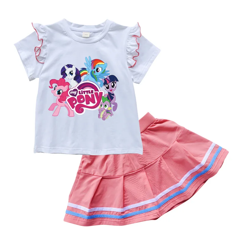 Платье принцессы с коротким рукавом My Little Pony для девочек, комплект из двух предметов, милая детская Футболка с рукавами-летучими рукавами, топ, юбка, костюм, одежда для малышей в подарок