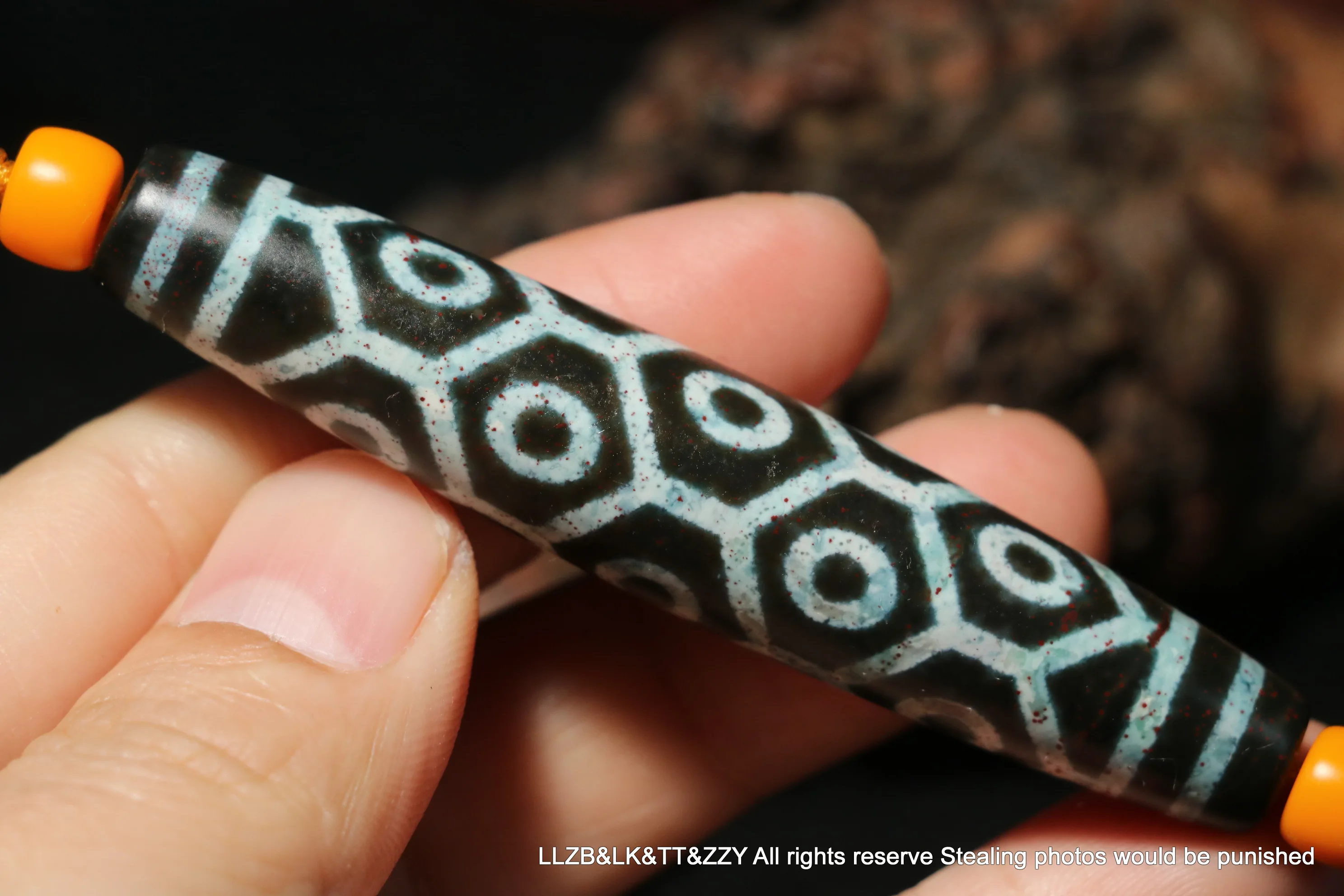 

Unique Magic Power Energy Tibetan Old Agate FULL Cinnabar Spots 15 Eyed Longevity Long dZi Bead Pendant Amulet Talisman RT