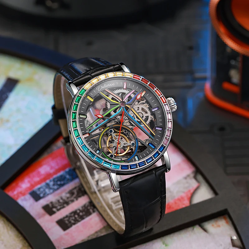 Business Automatic Hollow Men's Mechanical Watch Diamond-encrusted Color Dial Automatic Movement Man Sports Watch
