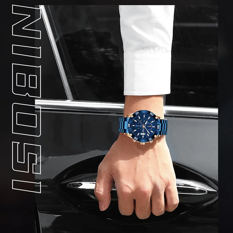 NIBOSI Luxury Chronograph Quartz Watch for Men Stainless Steel Waterproof Luminous Date Fashion Mens Watches Relogio Masculino