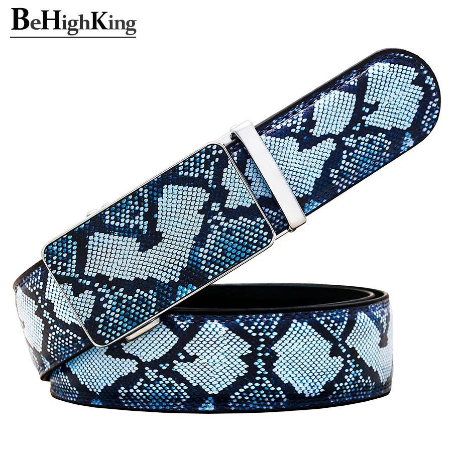 Fashion Genuine Leather Belts Unisex Luxury Simulated Blue Irregular Geometric Pattern Snake Print Automatic Buckle Waist Strap