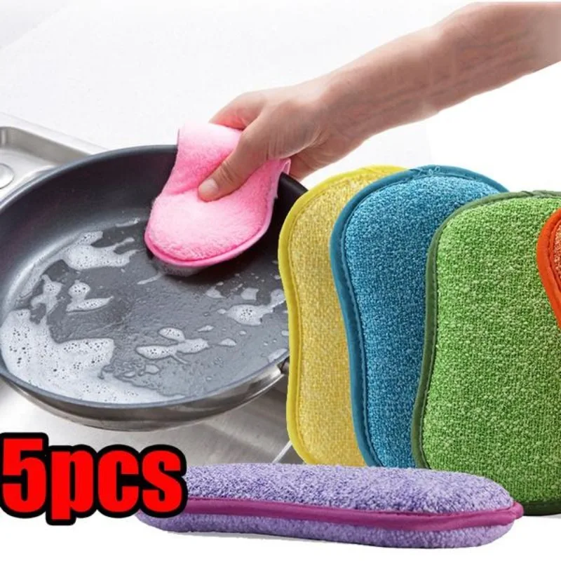 5PCS Multifunction Microfiber Sponge Dish Bowl Cleaning Brush Scouring Pad Dish Sponge Antibacterial Kitchen Pot Washing Tools 2