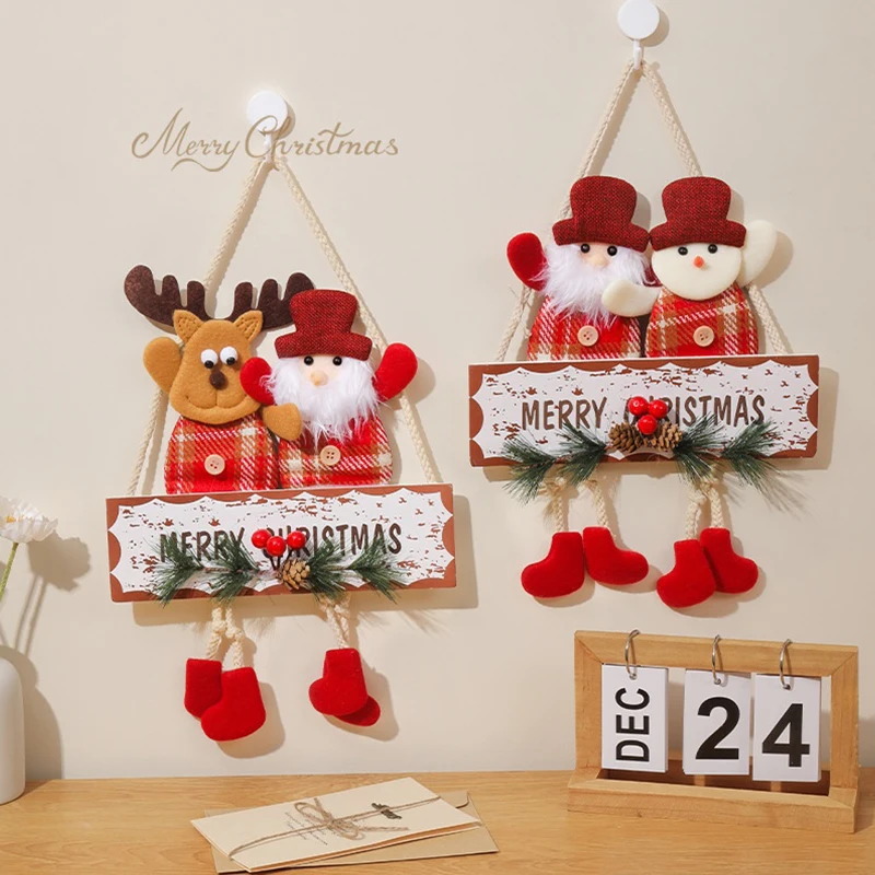 Wooden Santa, Snowmen Reindeer Hanging Decoration for Christmas Door; New Year XmasTree Home Ornament Indoor Layout Scene