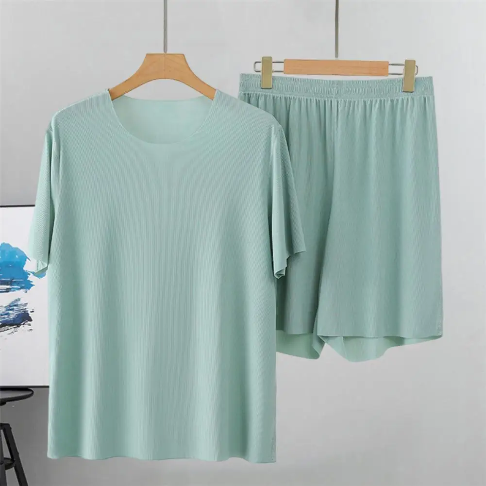 Men Homewear Set O-Neck Short Sleeve Tops Elastic Waist Wide Leg Shorts Solid Color Ice Silk Male Pajamas