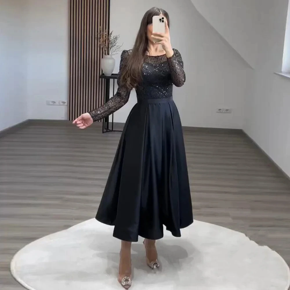 

Simple Black Evening Dress A-Line O-Neck Satin Long Sleeve Party Prom Gowns Pleated Lace Custom Made Vestidos De Fiesta New 2024