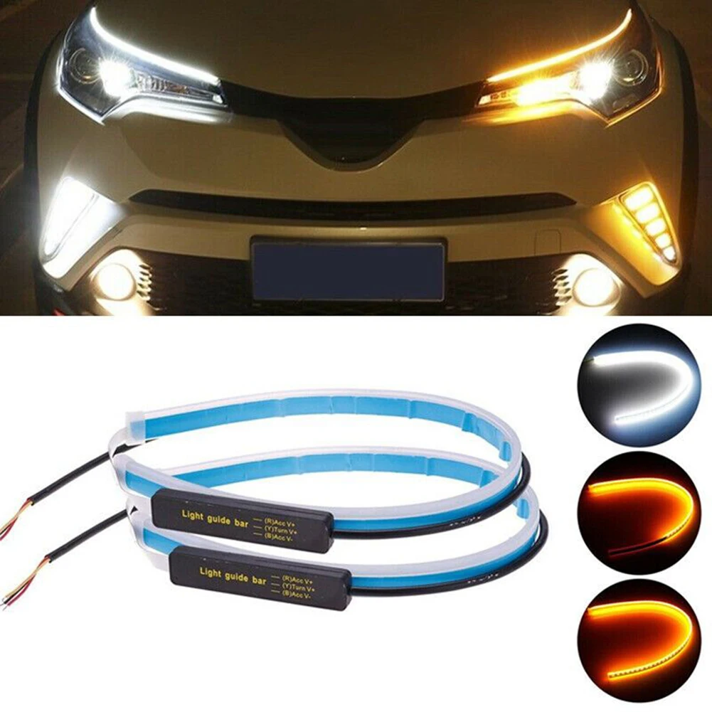  Qasim Tira LED secuencial, tira de luces LED flexibles de 12  pulgadas para coche, intermitente, intermitente, luz de circulación diurna  blanca/ámbar para retroadaptación de faros delanteros, 1 par : Automotriz