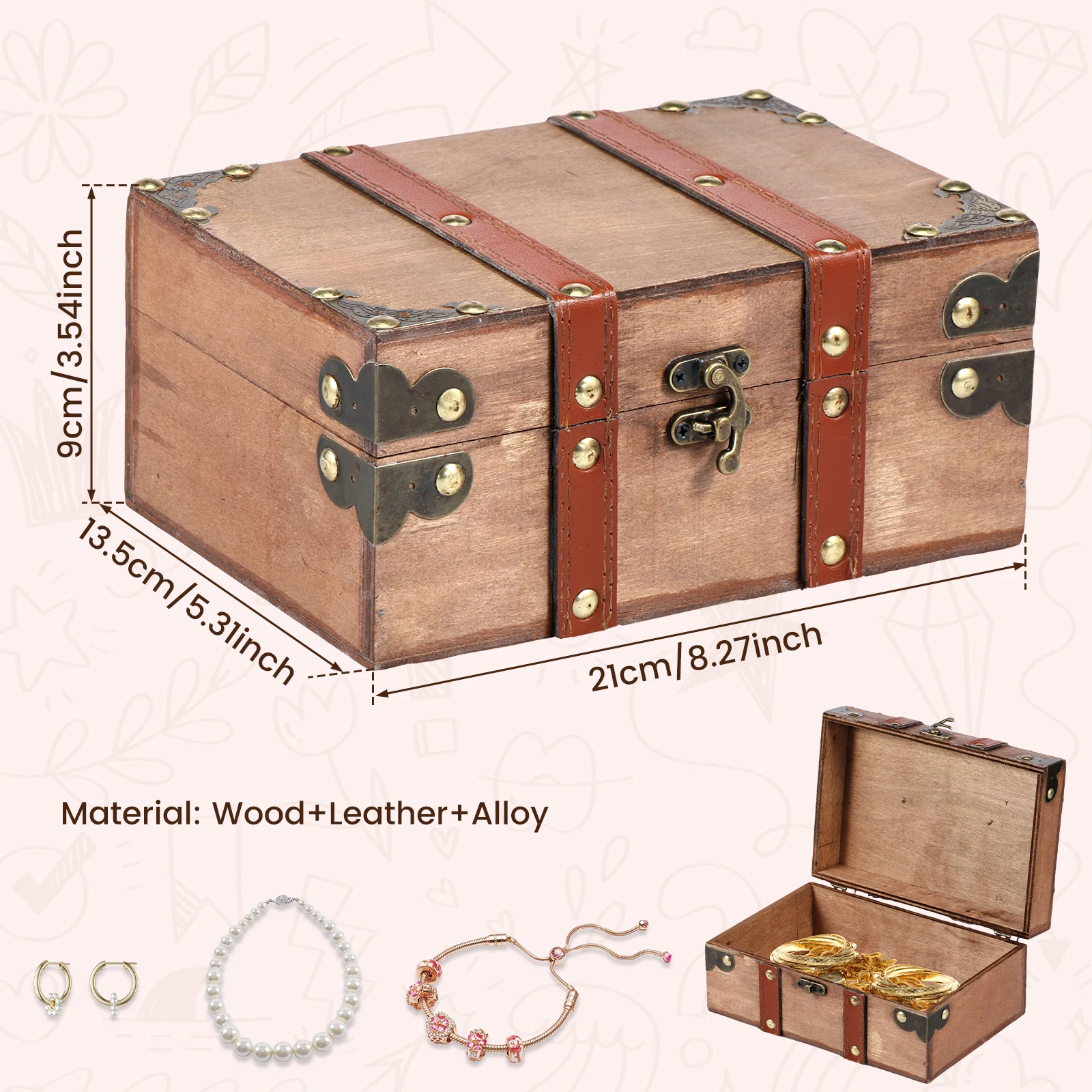 Vintage Wooden Treasure Chest Jewelry Box - Antique Style Storage Case For Jewelry & Small Collectibles