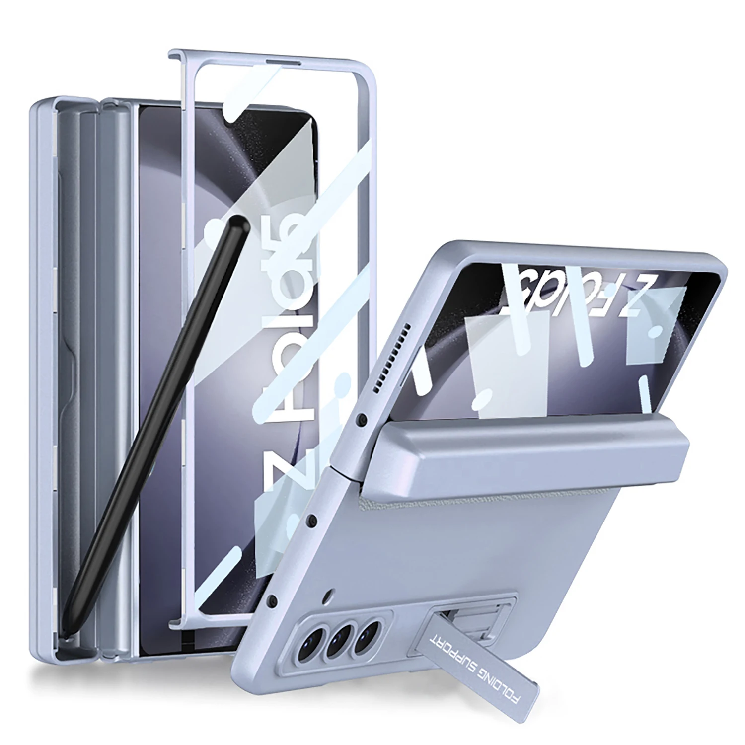 

For Samsung Galaxy Z Fold 5 Case Ultra-thin Matte Magnetic Folding Hinge Pen Holder Bracket With Tempered Film Hard Back Cover