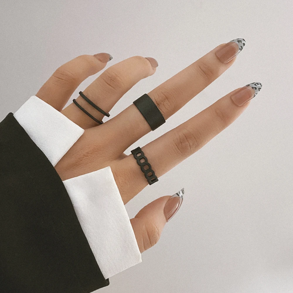 Silver Geometric Hollow Wide Ring Set - Vintage Punk Style Women's Finger Jewelry