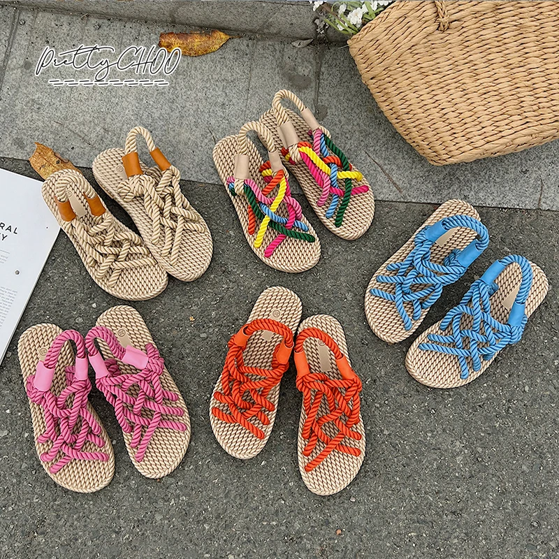 Rainbow Color Rope Sandals Woman Retro Weaved Fishman Sandalias Ladies Sea Blue Beach Slippers Handmade Bohemian Straw Shoes