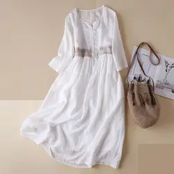 2023 Summer Women's Cotton and Linen Dress Design Sense Special-Interest Artistic Temperament Crew Neck Half Sleeve Midi Dress