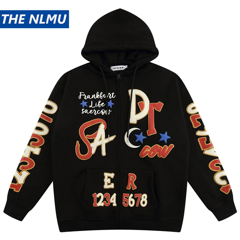 

2023 Men Autumn Winter Fleece Hooded Sweatshirts Letter Printed Zip Up Hoodie Man Harajuku Oversized Hip Hop Streetwear Hoodies