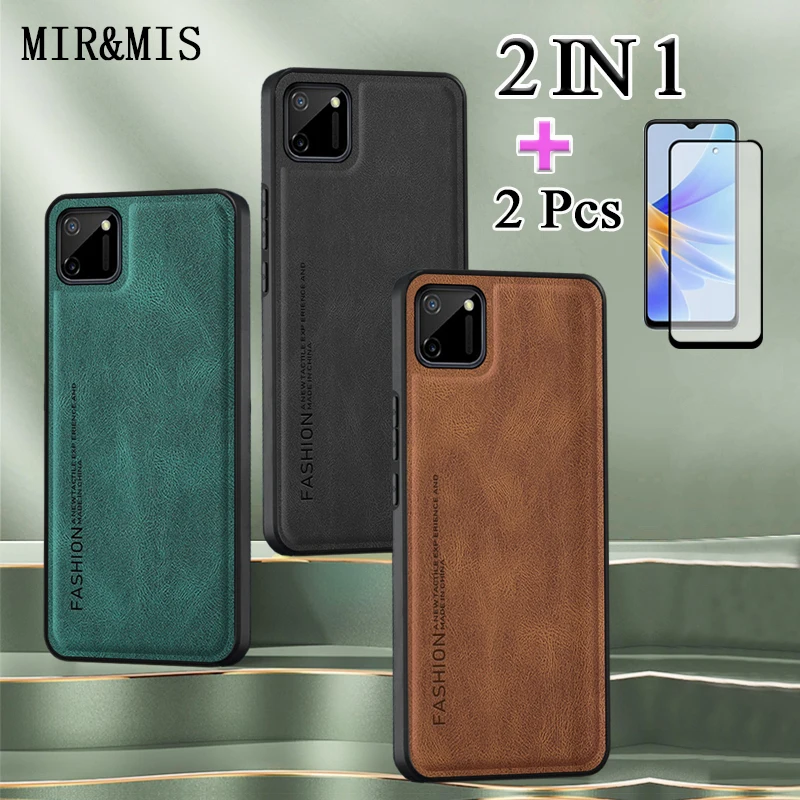

2 IN 1 For Realme C11 2020 Phone Case Lambskin Texture Leather Casing With Two Piece Ceramic Film